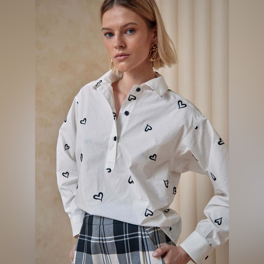 Hunter Bell NIGEL SHIRT WHITE EMBROIDERED HEART Black Long Sleeve Button Top‎